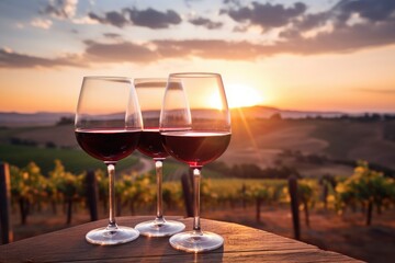 Three glasses of wine are placed on a table, with a beautiful sunset providing a stunning backdrop, Glasses of red wine at sunset with vineyards in the background, AI Generated