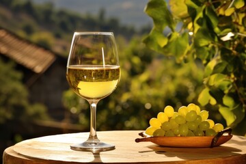 A refreshing glass of white wine sits next to a bunch of fresh grapes, creating a delightful pairing of flavors, Glass of white wine on a barrel in the countryside, AI Generated