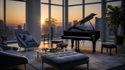 Fototapeta premium A Luxurious High-Rise Penthouse Living Area with Breathtaking Views - AI Generative