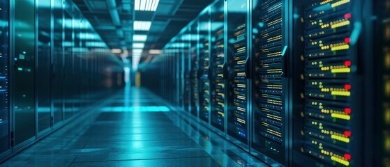Envision a visually captivating server room, Rows of high-tech servers neatly organized in racks create a sleek backdrop.