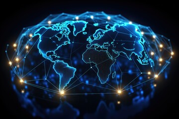A world map is displayed in the center of a dark background, providing a clear and informative visual representation, Global network connection on a world map hologram, black background, AI Generated - obrazy, fototapety, plakaty