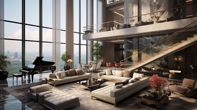 A Luxurious High-Rise Penthouse Living Area with Breathtaking Views - AI Generative
