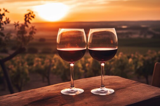 A peaceful image of two glasses of wine sitting on top of a wooden table, creating a delightful ambiance, Glasses of red wine at sunset with vineyards in the background, AI Generated