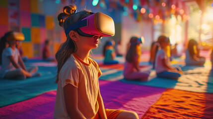 Virtual Reality Education, kids in colorful VR classroom, interactive and dynamic.