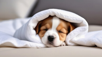 Cute little puppy sleeping under knitted blanket.
