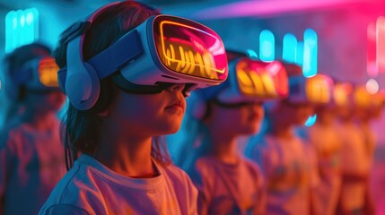 Virtual Reality Education, kids in colorful VR classroom, interactive and dynamic.