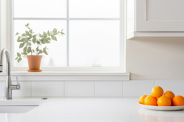 Modern white minimalistic kitchen interior details. Stylish white quartz countertop with kitchen sink with water tap, oranges and potted plant, window and wall cabinet - obrazy, fototapety, plakaty