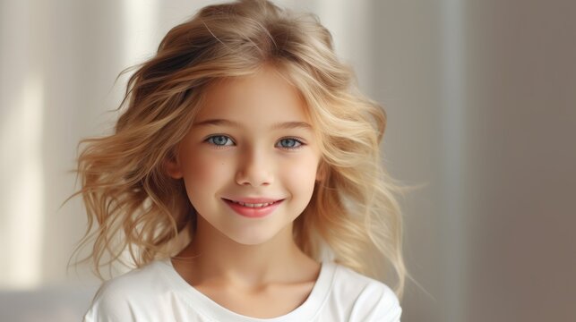 Portrait of cute and pretty young girl with blond hairs