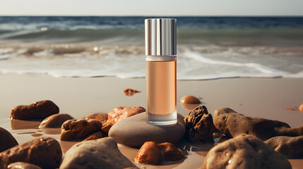 a bottle of perfume on rocks on a beach