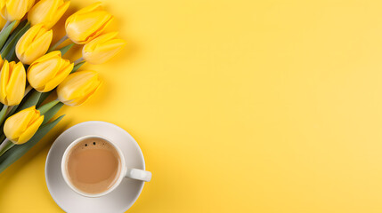 a cup of coffee and flowers - obrazy, fototapety, plakaty