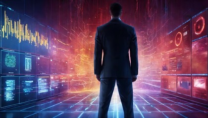 Obraz premium A silhouette of a person standing in front of a giant digital screen with a flow of data showing various cyber threats and vulnerabilities