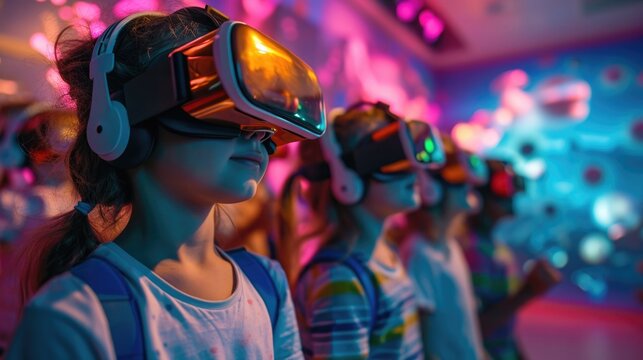 Virtual Reality Education, kids in colorful VR classroom, interactive and dynamic.