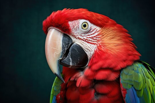 This image features a striking red and green parrot against a solid black background, green winged macaw, AI Generated