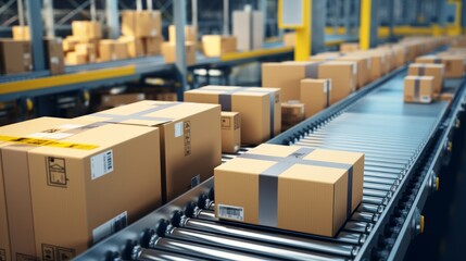 Many packages are transported on a conveyor belt for delivery