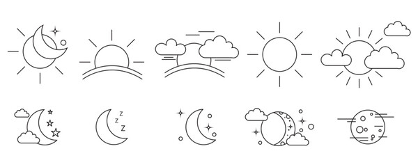  weather vector rising or cloud sun setting icons set. Weather forecast sign symbols meteorology, Bundle of day and night time pictograms drawn with black contour lines on white background.
