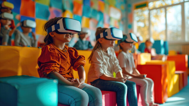 Virtual Reality Education, kids in colorful VR classroom, interactive and dynamic.