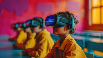 Virtual Reality Education, kids in colorful VR classroom, interactive and dynamic.