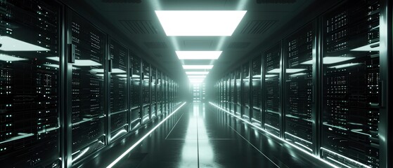 Server racks in server room data center, Rackmount LED console in server room data center, 