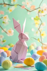 Origami  pink Easter bunny with colorful eggs all around. Creative Easter compositions in pastel colours.