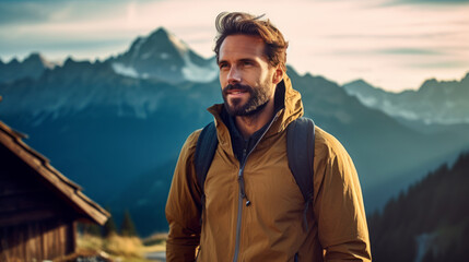 portrait of attractive middle aged man in sportive outfit, hiking outdoor in the mountains - obrazy, fototapety, plakaty