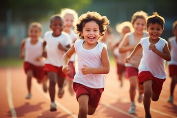 A group of children energetically running on a track, participating in a physical activity for improved health, Group of children filled with joy and energy running on athletic track, AI Generated