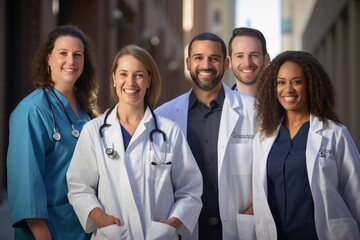 A group of doctors happily posing for a picture in front of a hospital building, Group of medical staff posing for photo, AI Generated