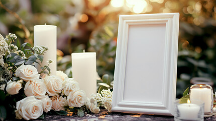 An empty frame for a photo or text near a funeral memorial with candles and flowers