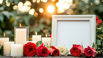 An empty frame for a photo or text near a funeral memorial with candles and flowers - obrazy, fototapety, plakaty