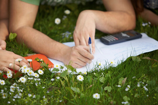 closeup student studying in a parc lying in grass