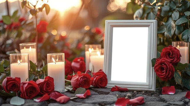 An empty frame for a photo or text near a funeral memorial with candles and flowers