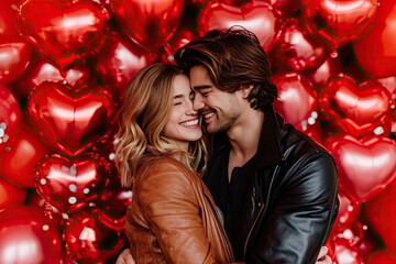 Love couple hug in front of a heart balloons red color