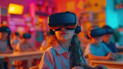 Virtual Reality Education, kids in colorful VR classroom, interactive and dynamic.