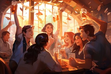 A group of people sitting at a table, surrounded by beers, engaged in a social gathering and enjoying their drinks, group of people cheering and drinking beer at bar pub table, AI Generated