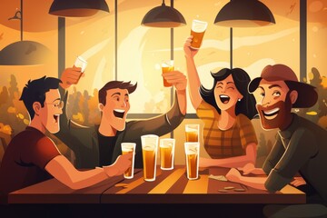 A gathering of friends enjoying drinks and conversation around a table, group of people cheering and drinking beer at bar pub table, AI Generated