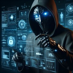 Anonymous robot hacker surrounded by a network of glowing data Cybersecurity Cybercrime Cyberattack.