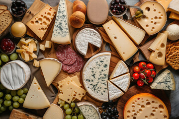 Sortiment of cheese seen from above - obrazy, fototapety, plakaty