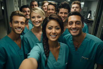 A team of smiling doctors of different races and nationalities taking a selfie together. Group photo of young interns in a medical uniform in the hospital - obrazy, fototapety, plakaty
