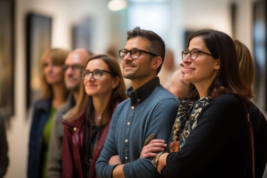 Group of People Standing Together at an Event, Group of people with glasses stand during an exhibition at the gallery, AI Generated