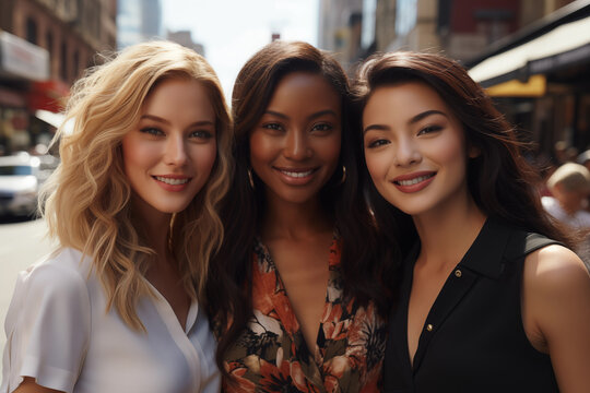 African, asian, caucasian girls. Three young woman of different races: сaucasoid, negroid, mongoloid on the background of a city street. Interracial and interethnic friendship