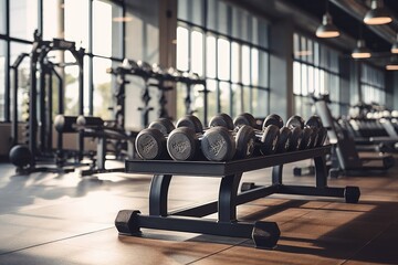 An image showcasing a row of dumbbells, essential equipment used for weight training and building strength in a gym setting, Gym Equipmend Dumbells in a Gym, Fitness Space, AI Generated - obrazy, fototapety, plakaty