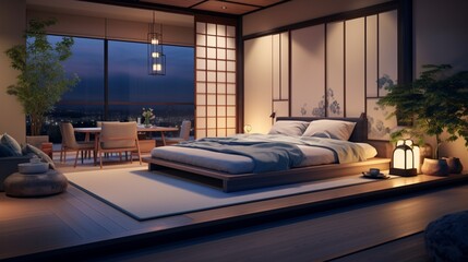 A Japanese-Inspired Bedroom with Traditional Tatami Elegance and Modern Flair - AI Generative
