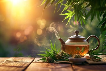 CBD tea, a cup of tea with cannabis leaves in a teapot, steam rising from the cup, copy space
