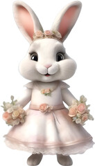 Obraz premium Watercolor of a cute cartoon rabbit in a bride costume.