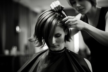 A woman carefully cuts another womans hair in a busy salon, creating a stylish and modern look, Hairdresser cutting the hair of a young woman in a beauty salon, AI Generated