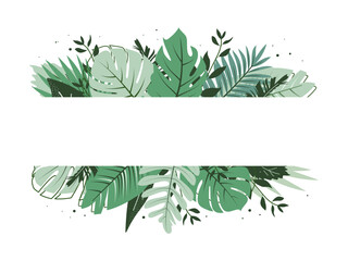 Obraz premium Abstract background banner made of botanical tropical palm leaves branches in green color. Design for banner poster decoration. Flat doodle style. Vector illustration.