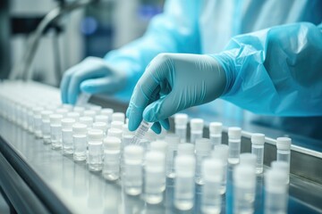 A person, wearing a lab coat and gloves, is engaging in the process of filling test tubes, hand with sanitary gloves check Medical vials on production line at pharmaceutical factory, AI Generated
