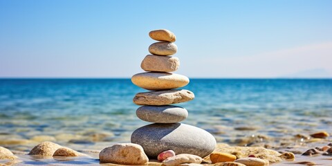 Fototapeta na wymiar Stones balanced harmoniously beside the sea , concept of Balance