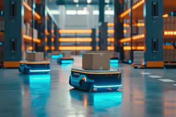 futuristic retail warehouse, completely automated and digitized. Striking shots showcase these Automated Guided Vehicles delivering packages with cutting-edge technology. - obrazy, fototapety, plakaty