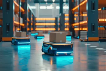 Fotobehang futuristic retail warehouse, completely automated and digitized. Striking shots showcase these Automated Guided Vehicles delivering packages with cutting-edge technology. © Jiwa_Visual