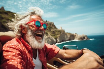 A photo of a senior man with white beard and red glasses behind the wheel of a car on a paved road, Happy bearded senior man enjoying summer road trip in Italy, AI Generated - obrazy, fototapety, plakaty